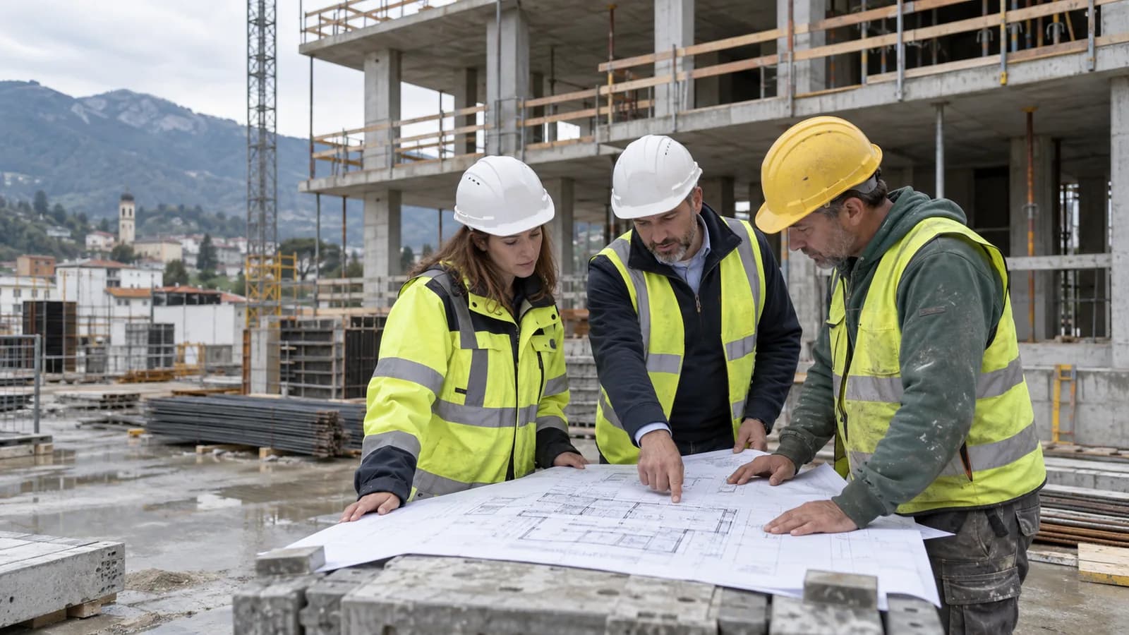Tre professionisti esaminano insieme una tavola in un cantiere; immagine illustrativa generata