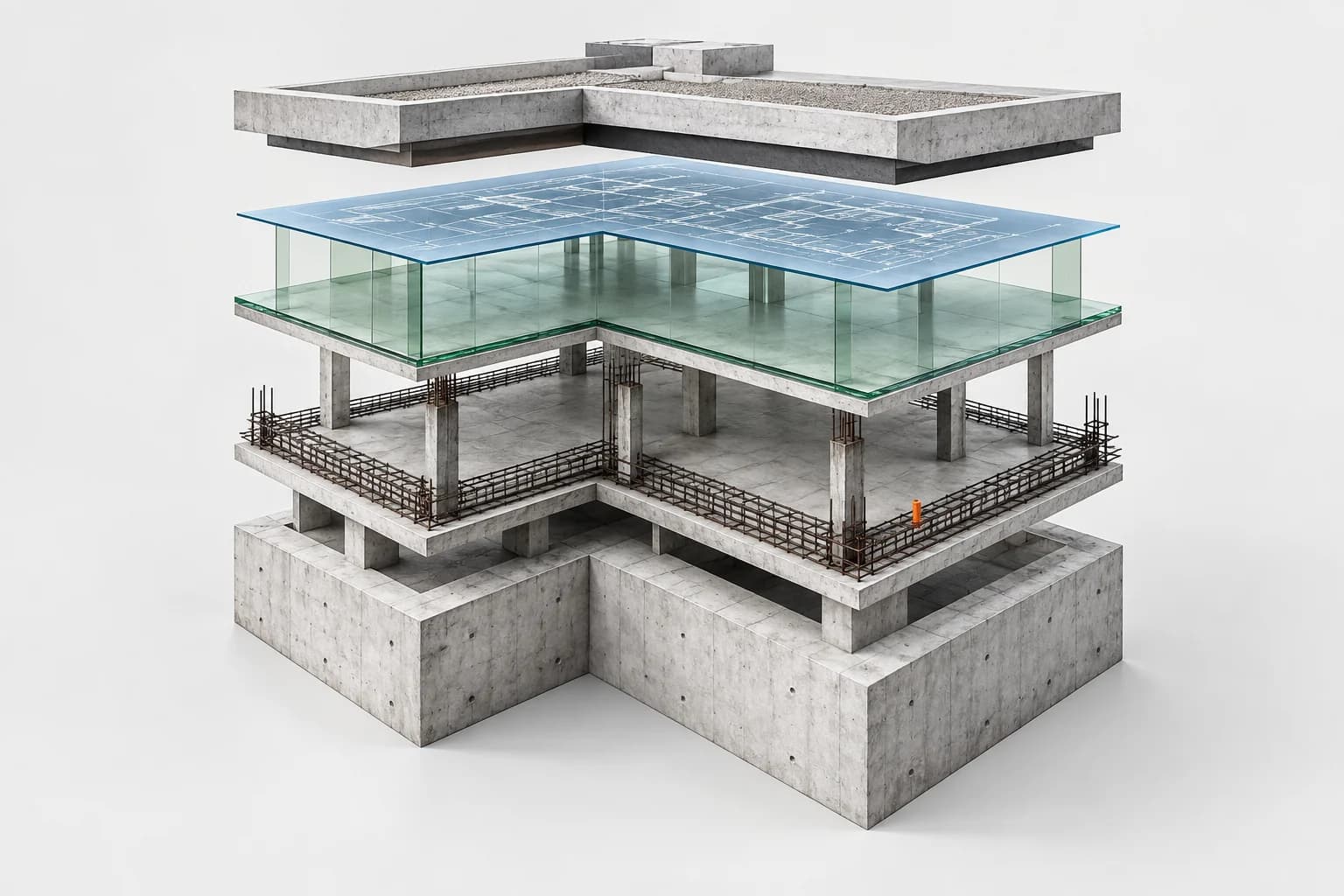 Illustrazione concettuale: un edificio a strati di cemento, vetro verde e disegno tecnico, come livelli della memoria di un cantiere
