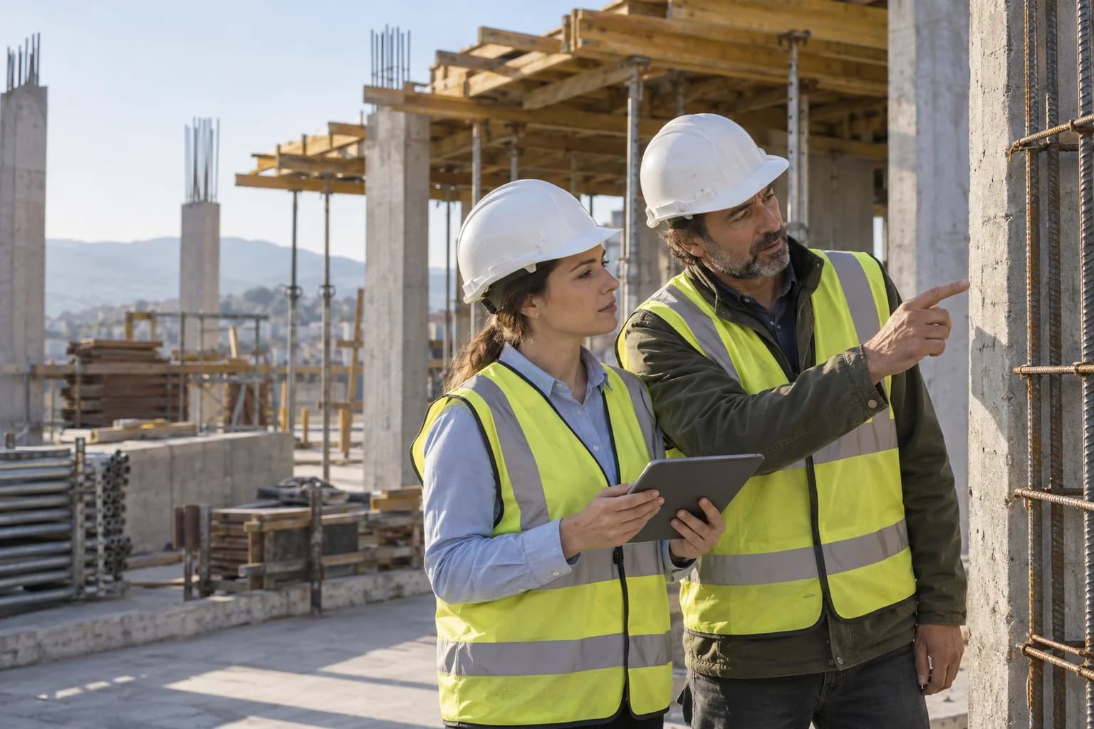 Scena illustrativa: professionisti con casco e tablet verificano una struttura in cantiere